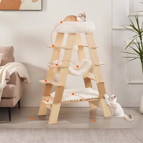 unipaws Pyramid Cat Tree, 5-Level Wooden Cat Ladder, Sturdy Tall Cat Climbing Tower with Cozy Hammock for Kittens and Indoor Cats - size: 5-Level Cat Ladder