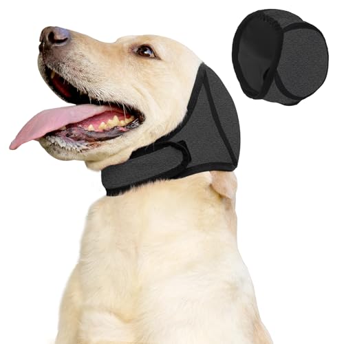 JOHNBOLIN Dog Ear Muffs & No Shake Ear Wrap for Hematoma, Bathing, Drying, Swim& Noise Anxiety Relief- Elastic Waterproof Ear Protector with Calming Hoodie Design for Grooming/Head Ear Cover (Grey, L) - color: Grey, size: Large(Head Circle:18"-24")