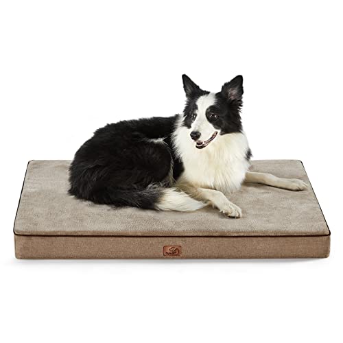 Bedsure Memory Foam Dog Beds Large Sized Dog - Orthopedic Pet Beds for Crate with Removable Washable Cover and Nonskid Bottom, Plush Flannel Fleece Top Pet Mat, Khaki - color: Khaki, size: 35"L x 22"W x 3"Th