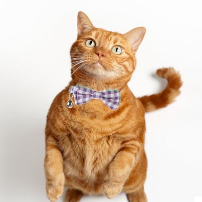 2 Pcs Kitten Collar with Bell Cute Cat Collar for Girl Cats Breakaway Bowtie Cat Collars Adjustable Small Puppy Safety Collar Solid Color Plaid Pet Collar (Purple) - color: purple