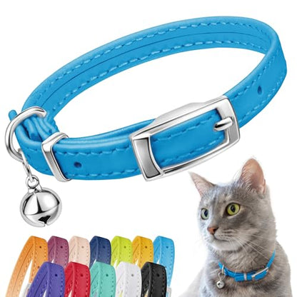 CollarDirect Leather Cat Collar with Removable Bell – Safety Elastic Strap (Breakaway Alternative) – Kitten Collar for Small & Big Boy & Girl Cats - color: Light Blue, size: 8-11 Inch
