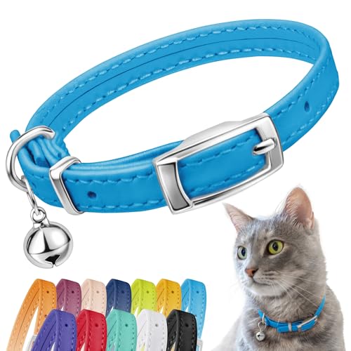 CollarDirect Leather Cat Collar with Removable Bell – Safety Elastic Strap (Breakaway Alternative) – Kitten Collar for Small & Big Boy & Girl Cats - color: Light Blue, size: Neck Fit 8"-11"