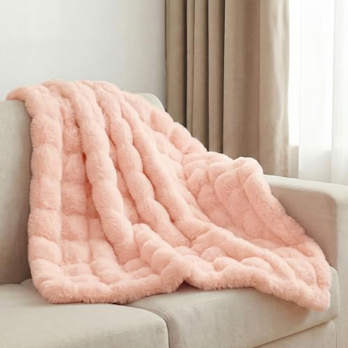 Leximan Cozy Faux Fur Throw Blanket for Couch, Reversible Plush Fluffy Decorative Bubble Throw for Sofa and Living Room, Soft Lap Blanket for Bed, Dog & Cat (Pink, 40''x50'') - color: Pink, size: 40''x50''