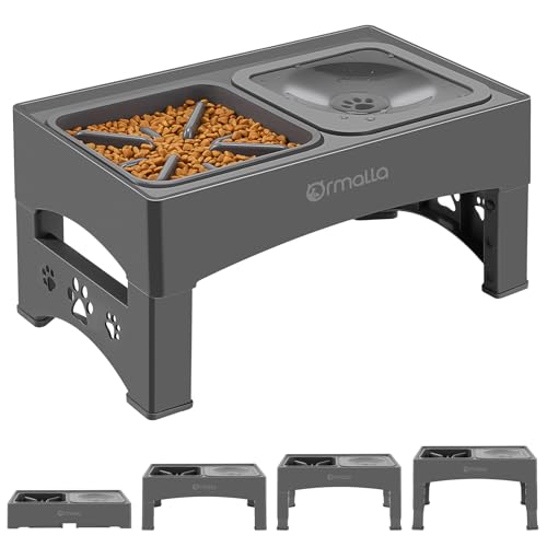 Elevated Slow Feeder Dog Bowls with No Spill Water Bowl, Raised Bowl for Large Medium Small Dogs, Food Stand Splash Guard, 4 Heights 3.7'', 8.5'', 10.1'', 11.7'', Grey (GW03)