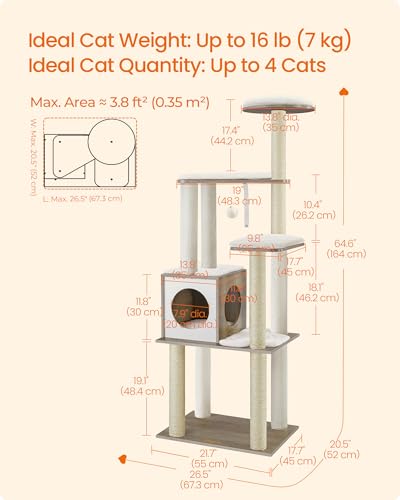 Feandrea Cat Tree, 64.6-Inch Modern Cat Tower, Multi-Level Condo with 5 Scratching Posts, Perch, Washable Removable Cushions, Cave, Heather Greige UPCT166G01 - color: Heather Greige
