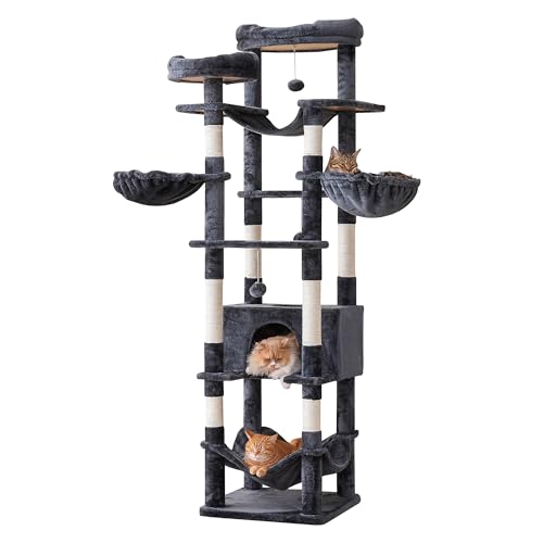 77-Inch Tall Cat Tree for Indoor Cats, Multi-Level Large Cat Tower with 4 Hammocks, 2 Padded Perches, Cat Condo, Sisal Scratching Posts and Hanging Toys for Large Adult Cat, Smoky Grey - color: Smoky Grey, size: XXL (19.7 x 19.7 x 77 Inches)