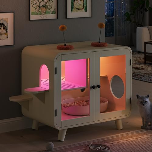 Merax Cat Hidden Litter Box Enclosure with RGB LED Light – Retro TV-Style Cat House Cabinet with Stairs, Pom-Pom Toys, Litter Leak Walkway & Glass Doors for Living Room,Beige - color: Beige