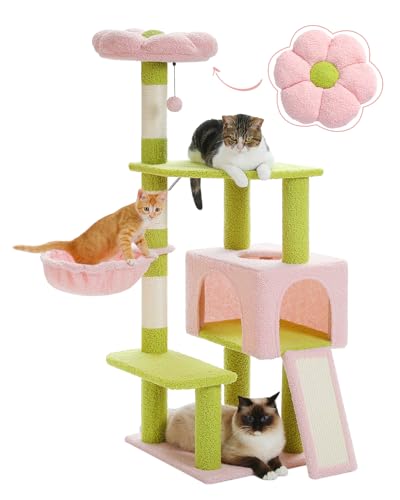 MUTTROS Flower Cat Tree 47.2" Multi-Level Cat Tower with Sisal Covered Scratching Posts, Cute Cat Condo for Indoor Small Medium Cats, Pink Top Perch, Fluffy Ball, Pink - color: Pink, size: 47.2" Flower Cat Tree