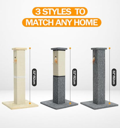 Made4Pets Cat Scratching Post, 32 Inch Natural Sisal Cat Scratcher with Kitten Toy, Tall Scratching Post for Indoor Cats Adults and Kittens, Beige - color: Beige-Sisal