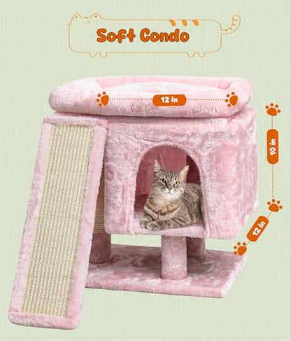 SYANDLVY Small Pink Cat Tree with Perch for Indoor Cats, Cat Tower with Scratching Post, Modern Activity House for Large Cats, Condo with Board, Kittens Cave - color: Pink