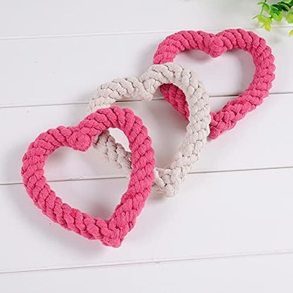 Dog Rope Chew Toy, Heart Shaped Interactive Teething Toy for Puppies, Pink Cotton Dental Tug Toy