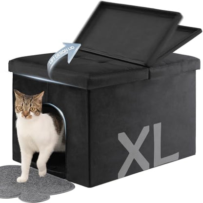 Cat Litter Box Enclosure Furniture Hidden Large, Lift Design Lid Velvet Cat Washroom Bench Storage Cabinet |25.6x 17.7 x 17.7 in|Dog Proof|Urine Proof Inside|Quick Assembly| Easy Clean(Black) - color: Black, size: L 25.6''x W17.7'' X H17.7''