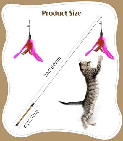 Pawaboo Feather Teaser Cat Toy, Interactive Feather Wand Cats Toy Flying Feathers Cat Catcher with Extra Long 34.5" Wand and Small Bell, Exerciser Playing Toys for Kitten or Cats, Rose + Red Brown - color: Rose + Red Brown