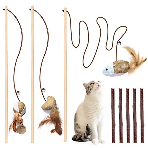 3-Piece Natural Wooden Cat Teaser Wand Toy Kit with 5 Silvervine Sticks and Elastic String Cat Pole Toy with Bell and Feather - color: Brown-3 Pcs linen style