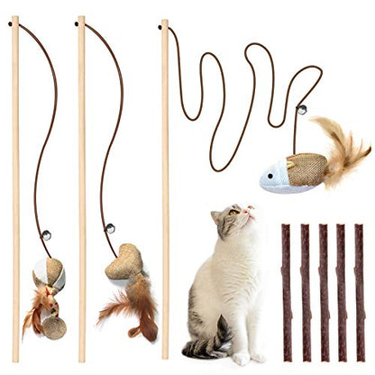 3-Piece Natural Wooden Cat Teaser Wand Toy Kit with 5 Silvervine Sticks and Elastic String Cat Pole Toy with Bell and Feather - color: Brown-3 Pcs linen style