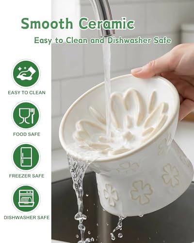 Ceramic Slow Feeder Cat Bowl, 15° Tilted Elevated Cat Slow Eating Bowl for Neck Protection, Anti Vomiting Dog Slow Feeder, Whisker Friendly & No Black Chin for Cats and Small Dogs, Jun Blanc - color: 03-Jun Blanc