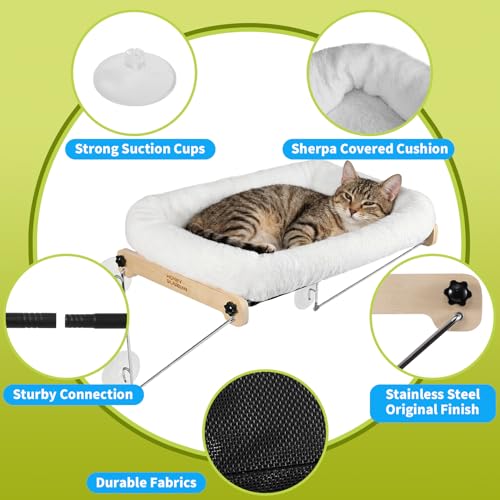 HoneyGuardian Cat Window Prech,Metal Support from Below with 4 Suction Cups, with Plush Cushion, Cat Window Hammock for Large Cats and Kittens - size: Upgrade