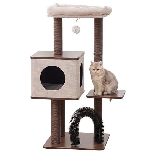 Petpals 4 Level 43" Minimalist Design Cat Tree with Wood Condo,Replaceable Paper Rope Scratching Posts,Full Body Bruch,Removeable and Washabel Bed (Brown and Beige) - color: Brown and Beige