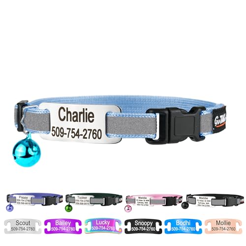 GoTags Personalized Reflective Cat Collars with Tag, Engraved Custom with Name and Phone, Breakaway Collar with Safety Buckle and Bell, Adjustable for Cats and Kitten, (Light Blue with Nameplate) - color: Light Blue, size: One-Size (Reflective)
