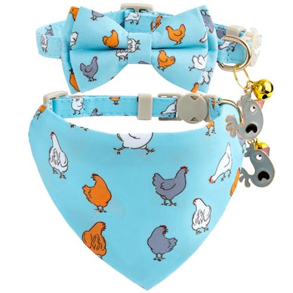 Faygarsle 2 Pack Chicken Pattern Cat Collar Set with Bandana and Bowtie, Light Blue, Breakaway Safety Clasp with Bell - color: Blue Chicken