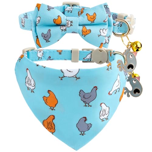 Faygarsle 2 Pack Chicken Pattern Cat Collar Set with Bandana and Bowtie, Light Blue, Breakaway Safety Clasp with Bell - color: Blue Chicken