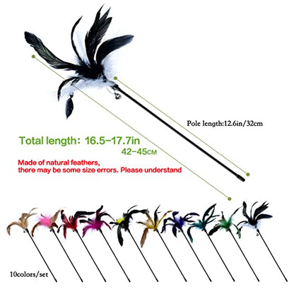 10-Pack Cat Feather Wand Toys with Bell, Natural Feather Interactive Teaser for Indoor Kittens Friendly Cat Toy