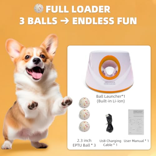 Automatic Dog Ball Launcher-Small Silent Dog Ball Thrower, 3 Adjustable Distances (20ft/33ft/46ft), Rechargable,Includes 3 Durable 2.3" Balls for Small/Medium Dogs (Orange, Medium) - color: Orange