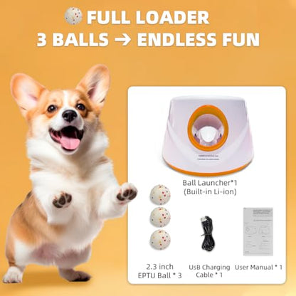 Automatic Dog Ball Launcher-Small Silent Dog Ball Thrower, 3 Adjustable Distances (20ft/33ft/46ft), Rechargable,Includes 3 Durable 2.3" Balls for Small/Medium Dogs (Orange, Medium) - color: Orange