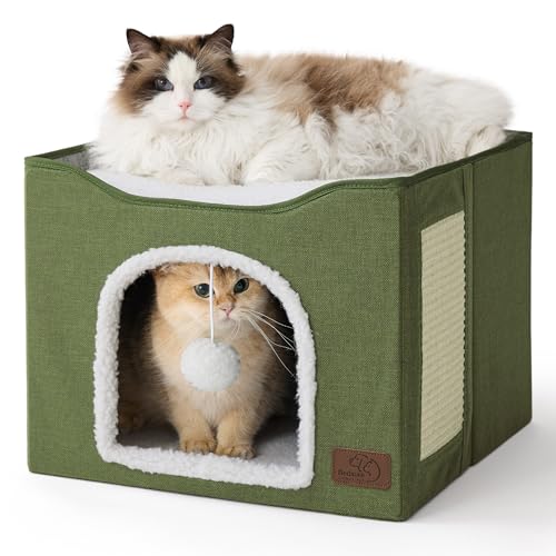 Bedsure Cat Beds for Indoor Cats - Large Cat Cave for Pet Cat House with Fluffy Ball Hanging and Scratch Pad, Foldable Cat Hideaway, 16.5x16.5x13 inches, Loden Green - color: Loden Green, size: Single
