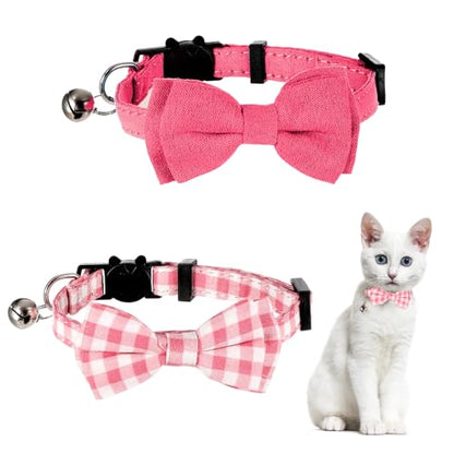 Sliverdew 2 Pcs Kitten Bow Tie Collar with Bell Cute Cat Collar for Girl Boy Cats Breakaway Cat Collars Adjustable Small Puppy Safety Collar Solid Color Plaid Pet Collar (Pink) - color: pink