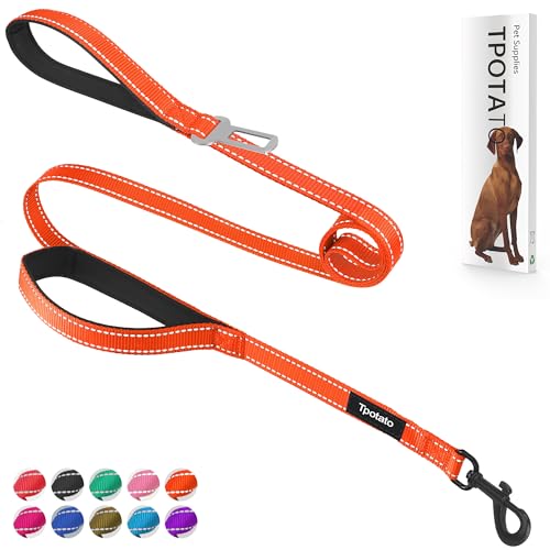 6 Foot Orange Dog Leashes for Large Medium and Small Breed Dogs That Pull,Reflective Nylon Heavy Duty Dog Leash with 2 Comfortable Padded Traffic Handles and Car Seat Belt for Walking and Training - color: Orange