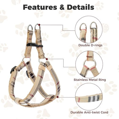 BINGPET Dog Harness Collar Leash Set,Adjustable No Pull Escape Proof Small Dog Harness,Classic Plaid Puppy Harness and Leash Set for Small Medium Large Dogs Training Easy Walk Running(Beige,S) - color: Beige Plaid, size: S(Chest Girth:14.9''-20.9'')