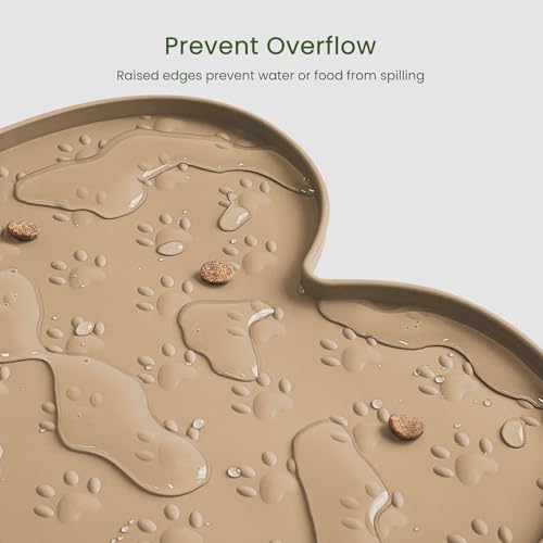 PWTAA Dog Food Mat Anti-Slip Silicone Dog Bowl Mat Thicker Pet Placemat Waterproof Cat Feeder Pad with Raised Edge Puppy Kitten Feeding Mats Suitable Small Medium-Sized Dogs Cats Eating Tray - color: Khaki, size: 19.4" x 9.8"