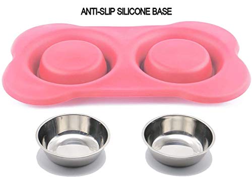 Dog Food Bowls Stainless Steel Pet Bowls & Dog Water Bowls with No-Spill and Non-Skid, Feeder Bowls with Dog Bowl Mat for Dogs Cats and Pets-Pink, 24 0z in Total - color: Pink, size: 1½ Cup/12 oz each