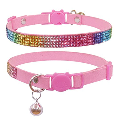 THAIN Bling cat Kitten Collar Rainbow Rhinestone Breakaway Diamond with Bell Soft Velvet Quick Release (Pink) - color: Pink