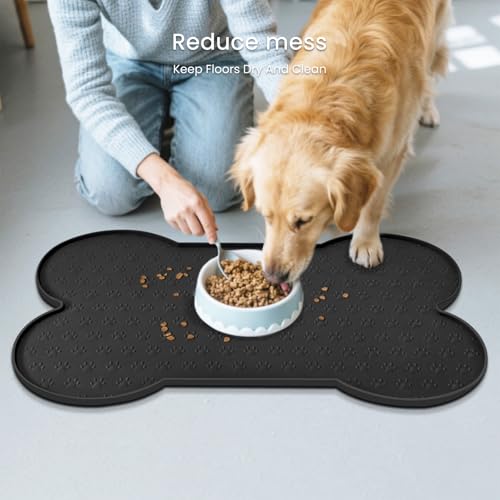 PWTAA Dog Food Mat Anti-Slip Silicone Dog Bowl Mat Thicker Pet Placemat Waterproof Cat Feeder Pad with Raised Edge Puppy Kitten Feeding Mats Suitable Small Medium-Sized Dogs Cats Eating Tray - color: Black, size: 25.6" x 13"