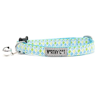 THE WORTHY DOG Patterned Mermaid Cat Collar with Bell, Adjustable Nylon Safety Collar, Lite Blue, One Size - color: Blue-Mermaid
