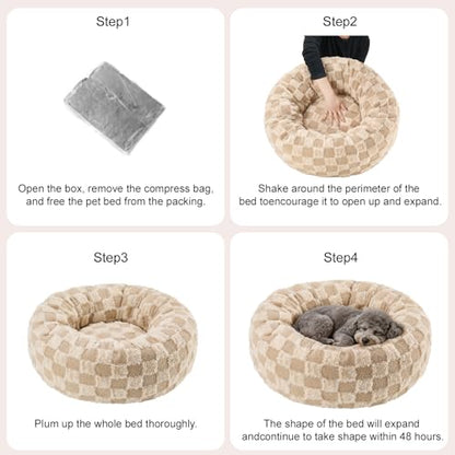 Dog Calming Beds for Small Medium Large Dogs - Round Donut Washable Puppy Dog Bed, Anti-Slip Faux Fur Fluffy Donut Cuddle Anxiety Cat Pet Bed (24" Grid) - color: Grid, size: 24"L x 24"W x 8"Th