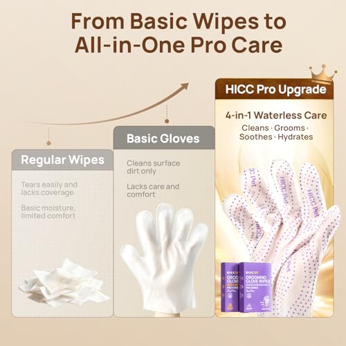 HICC PET Glove Wipes Pro | Pet Grooming Wipes for Dogs & Cats | Rinse-Free Grooming Mittens | 4-in-1 Cleaning & Conditioning | Pet Bathing Wipes for Horse Coat Care, Skin, Coat & Hoof | Unscented - size: 6 PCS - Pro Version
