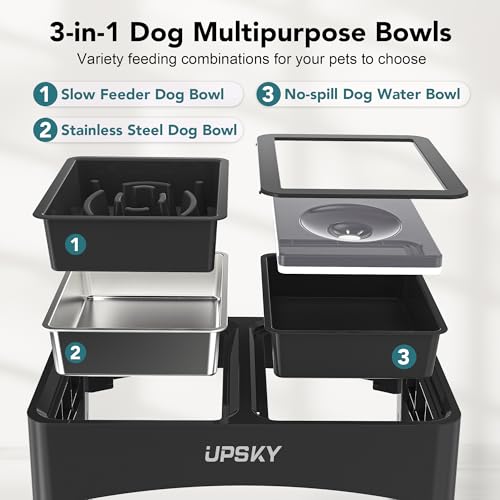 UPSKY 3-in-1 Elevated Dog Bowls Slow Feeder, Adjustable Stand, Stainless Steel Food & No Spill Pet Water Bowl for Small Medium Dogs - color: C-3 in 1 (Black)