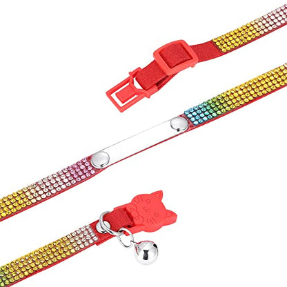 Personalized Cat Collar Breakaway Diamond Rhinestone with Bell, Customized Bling Kitten Pet Collar Adjustable with Engraved ID Name Plate (Red) - color: Red