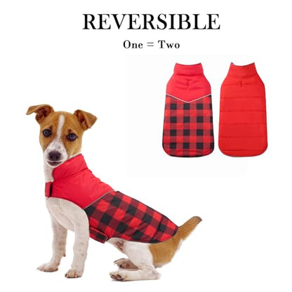 Geyecete Reversible Plaid Dog Winter Coat - Water Resistant, Soft, Warm - Leash Hole - Red - L - color: Red, size: Large