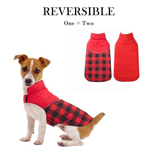 Geyecete Dog Winter Coat,Reversible Dog Coat Water Resistant British Style Plaid Dog Winter Coats Leash Hole Soft Basic Warm Dog Coat Jacket-Red-XL, X-Large - color: Red, size: X-Large