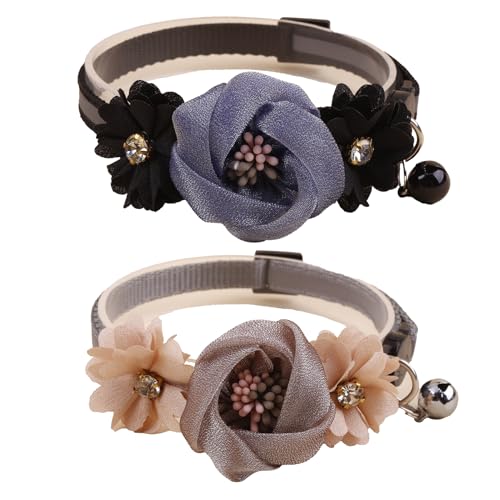2 Pack Cat Collar Pink Floral with Bell and Removable Flower Bowtie Breakaway Adjustable Cat Collar for Girl Kitten Puppy Small Cats Dogs Daily Decoration (XQ10-10) - color: XQ10-10
