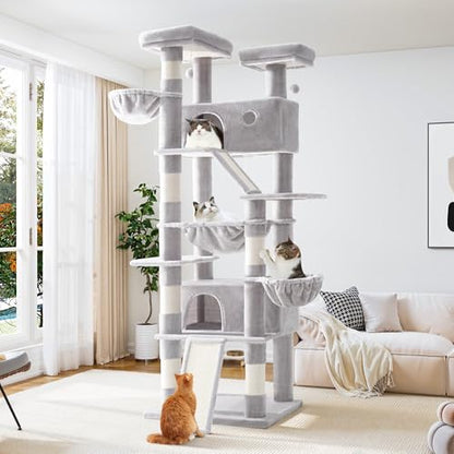 Allewie 81 Inches Tall Cat Tree/Multi-Level Large Climbing Tree House and Towers for Big Feline/Condo and Hammock/Scratching Post/Wide Base/Grey - color: Grey