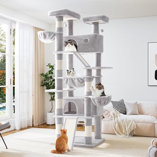 Allewie 81 Inches Tall Cat Tree/Multi-Level Large Climbing Tree House and Towers for Big Feline/Condo and Hammock/Scratching Post/Wide Base/Grey - color: Grey