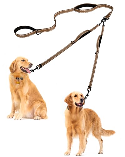 Double Dog Leash, No Tangle Dual Leash, Reflective Walking Training Lead, 4 Comfortable Padded Handles for 2 Dogs with Collapsible Bowl and Waste Bags (Brown, Large) - color: Brown