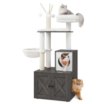 Feandrea Cat Tree with Litter Box Enclosure, 59-Inch Modern Cat Tower, 2-in-1 Condo with Scratching Posts, Washable Removable Cushion, Misty Gray UPCT113G02 - color: Misty Gray