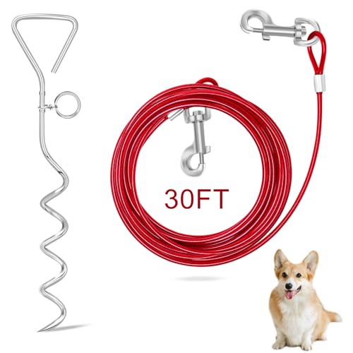 Relux 30FT Outdoor Dog Leash for Yard Training, Running, Hiking, Camping, with Heavy Duty Dog Anchor Spiral Stake for Small to Medium Dogs (Red, 30FT) - color: Red-30FT