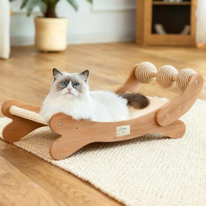 Sisal Cat Scratcher Bed with 3 Toy Balls for Indoor Cats, Durable Wooden 3-in-1 Hammock Lounge & Scratch Pad - Modern Furniture for Large Cats, Scratching Post Lounger - size: Extra Large